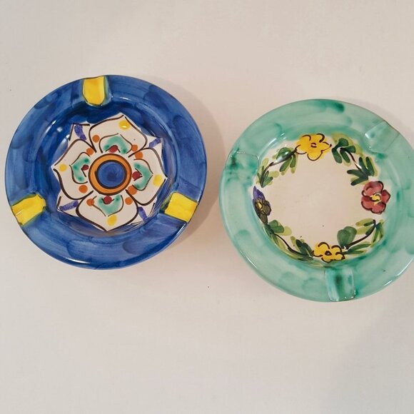 Vietri Store Dip A Mano Ceramic 4” Ashtrays Italy Floral Blue Green New Pottery - Picture 2 of 6